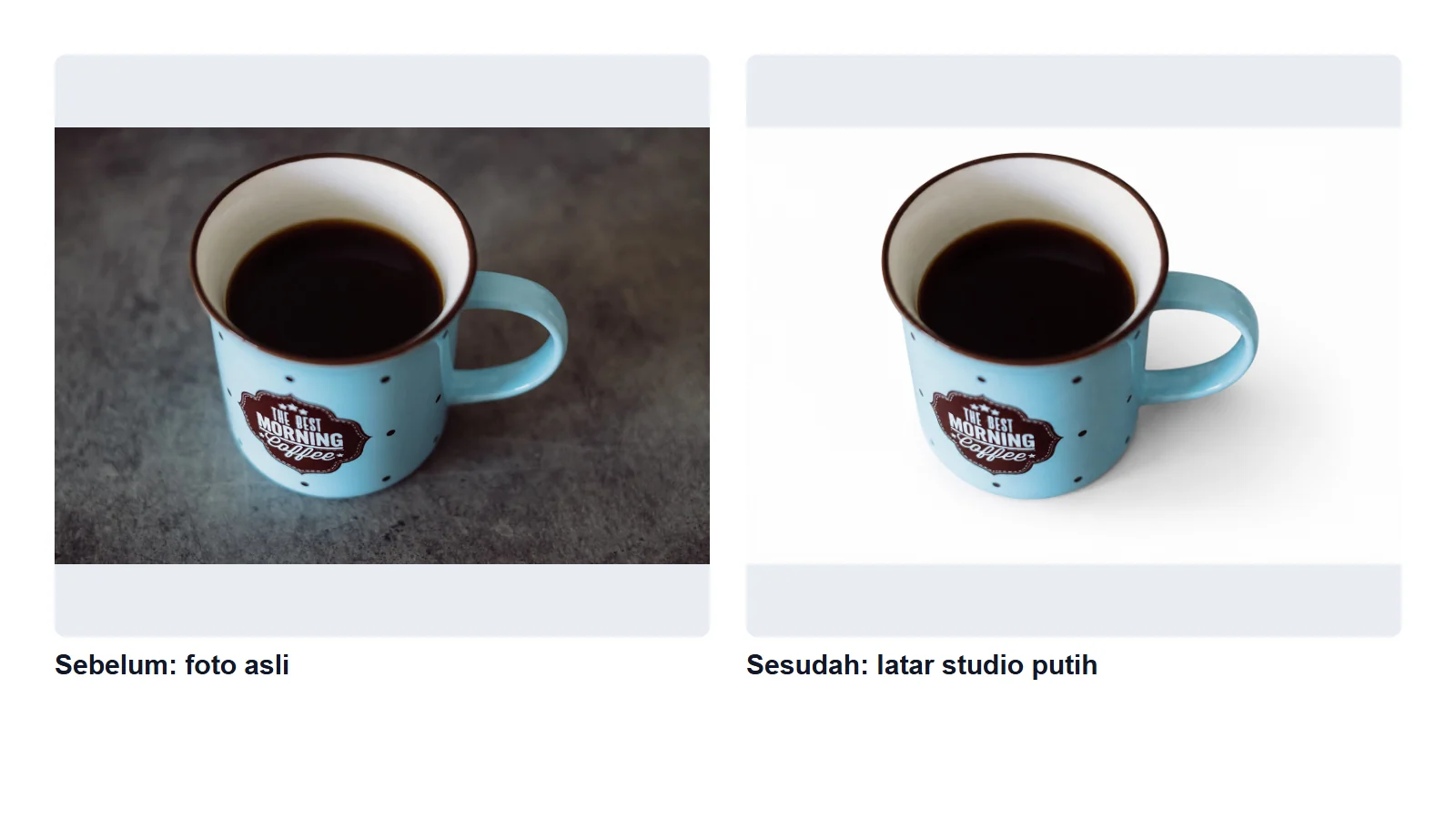 Perbandingan foto cangkir kopi: kiri foto asli dengan latar meja, kanan hasil edit dengan latar putih polos