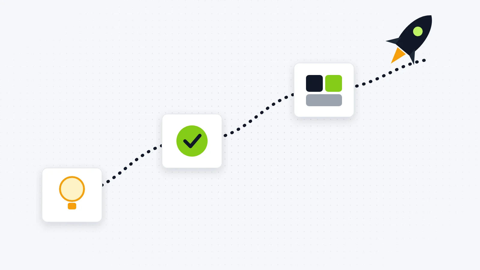 Illustration of a dotted path linking three cards (an idea bulb, a check mark and product blocks) to a rocket